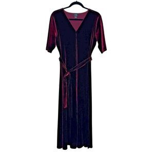 MSK Velvet Maxi Dress V-Neck‎ Short Sleeve Belted Size 12 Burgundy Red Goth Y2K